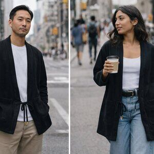 Akashi-Kama Noragi Jacket Unisex Small Black French Terry Tie Front Japan Style